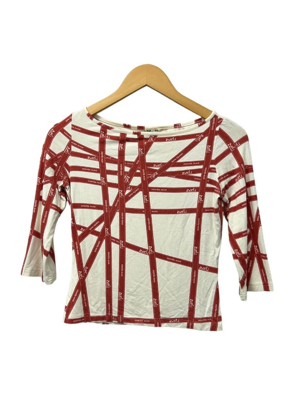 Hermes Three Quarter Sleeve Top Ivory Red Bolduc Ribbon Pattern S